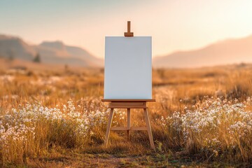 Artist's easel with a blank canvas stands in a sunlit meadow with wildflowers and distant mountains.