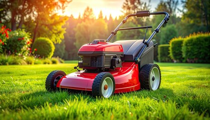 Obraz premium Red Lawn Mower on Green Grass with Sunlight Filtering Through Trees