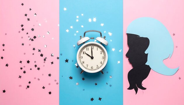 Clock, silhouettes, and confetti