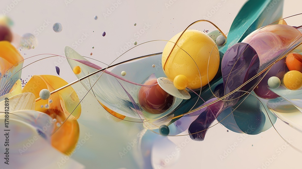 Poster colorful abstract 3d composition with floating shapes and dynamic swirls in colorful objects and pas