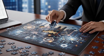 Man's hand adding a piece to a tech-themed cityscape jigsaw puzzle on a desk, with laptop. Concept for problem solving, strategic planning and business intelligence visualizations
