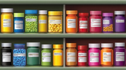 Colorful Bottles on a Shelf for Health and Wellness Products Display