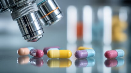 Colorful Capsules Under Microscope with Blurred Test Tubes in Background