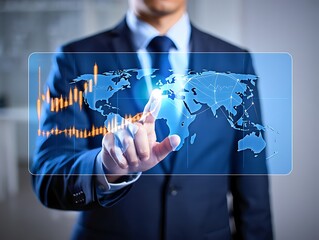 Businessman interacts with a holographic world map and financial data display hand touching