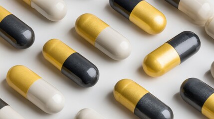 Colorful Capsules with Black and Gold Design on Light Background