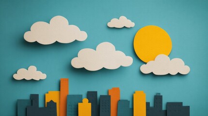 Colorful city skyline with paper clouds and sun on blue background