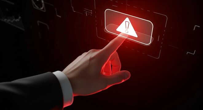 Man in suit's finger pressing glowing digital warning sign on dark background. Concept for system failure notification, data breach prevention and cybersecurity vulnerability alert - Powered by Adobe