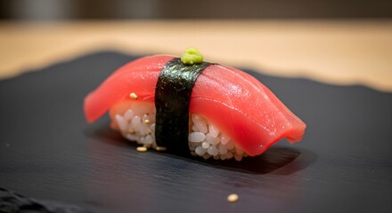 Delicious Tuna Nigiri Sushi with Wasabi and Seaweed on a Dark Plate