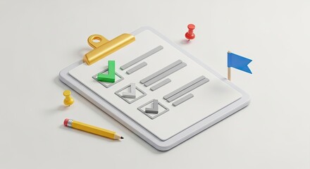 A clipboard with a checklist and various items on it.