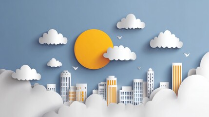 Colorful Paper Cut Cityscape with Sun and Clouds in Blue Sky