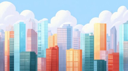 Colorful Modern Cityscape with Bright Skyscrapers and Clouds