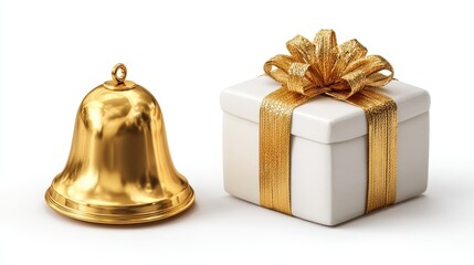 Golden bell and gift box set isolated on white background