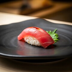 Delicious Tuna Nigiri Sushi with Fresh Green Garnish Served on a Black Plate