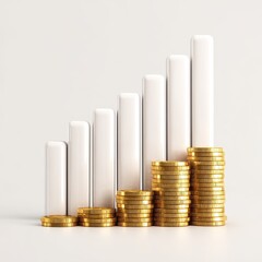 Ascending Gold Coin Stacks on White Bar Graph, Financial Growth Concept
