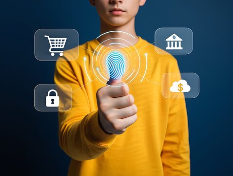Young person with fingerprint scanner and digital icons for banking shopping cloud and security Keywords: fingerprint, scanner, biometric, security, authentication, identification, technology