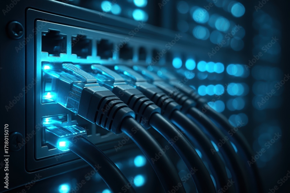 Poster digital connections: a close-up of network server rack illuminating vibrant, luminous cables of a ne