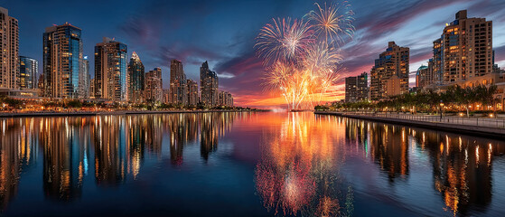 Fototapeta premium Panoramic city skyline with evening lights reflecting on water