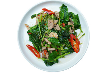 Thai food stir-fried pork translucent white background