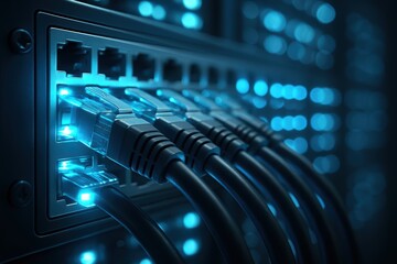 Digital Connections: A close-up of network server rack illuminating vibrant, luminous cables of a network server rack, symbolizing the backbone of modern digital communication and data transmission.