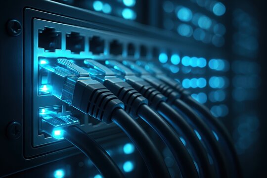 Digital Connections: A close-up of network server rack illuminating vibrant, luminous cables of a network server rack, symbolizing the backbone of modern digital communication and data transmission. - Powered by Adobe