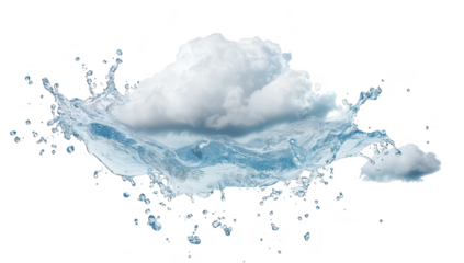 A dynamic splash of clear water with a fluffy cloud hovering above. creating a surreal scene that evokes feelings of freshness and tranquility. ideal for nature-themed designs