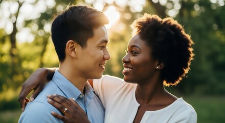 Happy diverse couple smiling and embracing outdoors with natural sunlight background, concept for engagement announcements, interracial relationship themes and wedding day celebrations