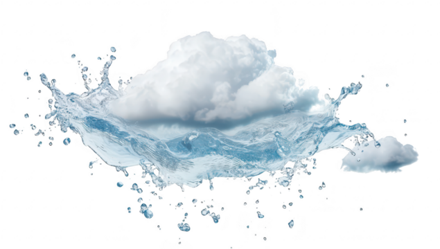 A dynamic splash of clear water with a fluffy cloud hovering above. creating a surreal scene that evokes feelings of freshness and tranquility. ideal for nature-themed designs