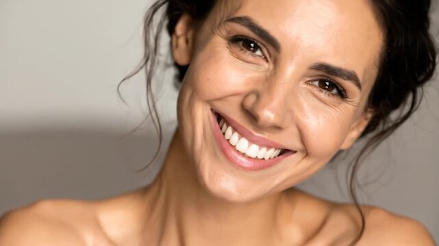 Smiling woman with clear skin and perfect teeth faces forward, hair up