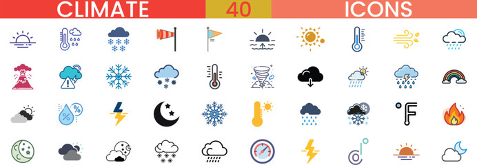 Fototapeta premium Collection of weather climate icons set for meteorology forecasting weather forecast vector