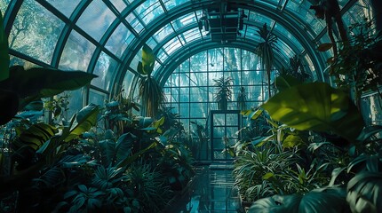 Cinematic view of a futuristic botanical biodome with lush tropical foliage and atmospheric lighting