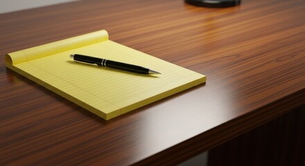 Office desk with yellow legal pad and black pen poised for composition