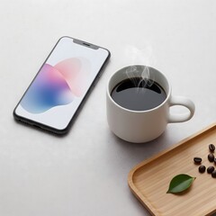 A Modern Morning Scene Featuring a Smartphone and a Steaming Cup of Coffee on a Light Colored Table