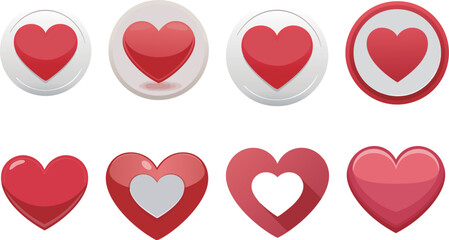 Set of glossy red heart vector icons in various styles. Perfect for Valentine’s Day, love, romance, social media, app design, wedding graphics, and romantic decoration projects.