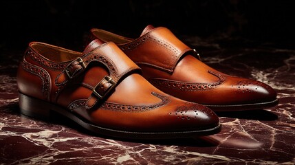 Luxury leather shoes on marble, highlighting elegant craftsmanship in a side view composition.