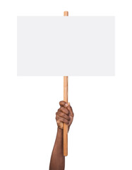 Man holding a blank protest sign in hand isolated on white or transparent background