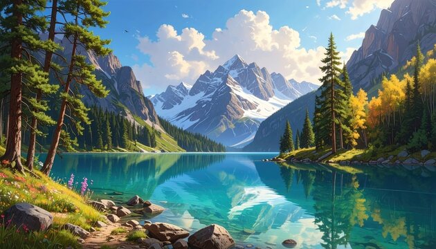 Reflective Turquoise Lake Surrounded by Mountains and Evergreen Trees Under Cloudy Sky