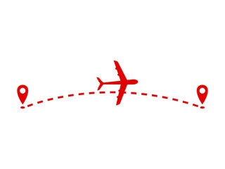 Red airplane flying between two location pins symbolizing travel and transportation © Sufia