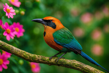 Fototapeta premium AI-Generated image of a vibrant bird perched on a mossy branch, set against a blurred green background with bright pink flowers.