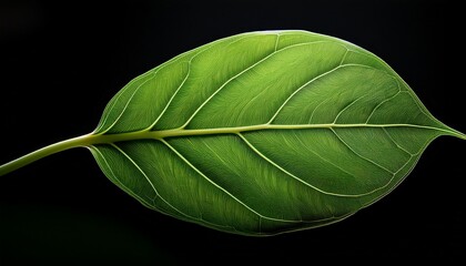 Obraz premium Close Up Of A Single Vibrant Green Leaf Its Smooth Veined Surface Is Sharply Defined Against A Pure Black Background The Leaf S Shape Is Ovate With A Slightly Serrated Edge