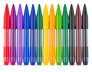 Set of vibrant felt tip pens neatly aligned in a straight horizontal row, caps