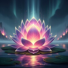 Radiant Lotus Blossom Illuminating a Mystical Water Garden