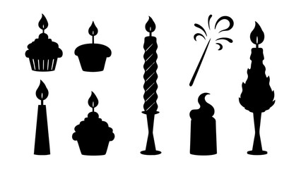Graphic vector set of celebration icons with birthday candles and cupcakes