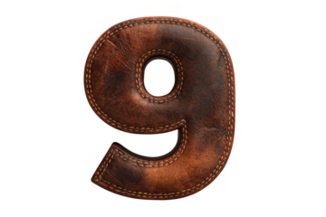 Luxurious and textured brown leather number nine with decorative stitching on transparent background