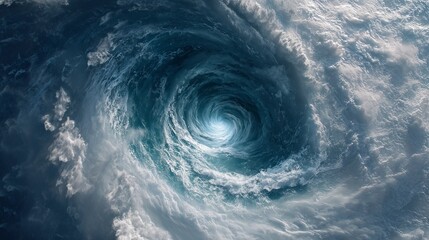 Drone view inside the eye of a massive hurricane, clouds swirling in perfect spiral above ocean waves, captured in breathtaking cinematic aerial