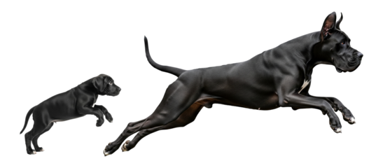 A Great Dane puppy leaps joyfully while an adult Great Dane jumps alongside it. Both dogs showcase their athleticism and playful spirit in a bright, isolated setting.