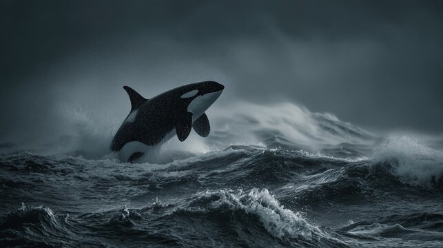Lone orca breaches amid massive ocean waves under stormy sky, spray frozen midair, capturing raw power, survival, and cinematic wildlife drama