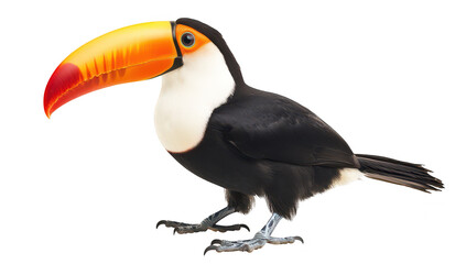 A toucan with a striking orange and yellow beak stands on a white background. its colorful plumage and natural beauty. ideal for wildlife and nature-themed projects