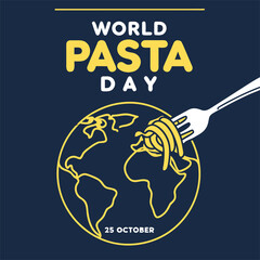 World Pasta Day Minimalist Poster with Gold Earth, Fork, and Pasta on Midnight Blue