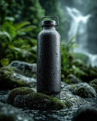 Black Water Bottle in Nature, Waterfall Background.
