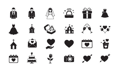 Wedding Silhouettes Vector Set - Bride, Groom, Rings, Gifts, and Decorations